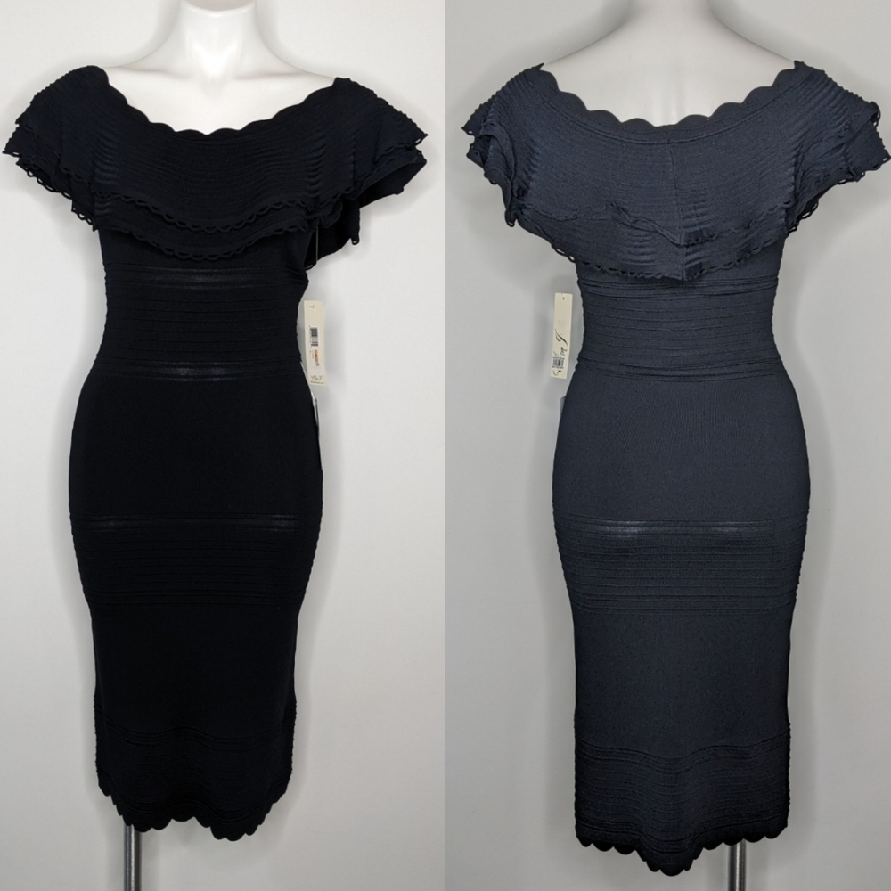 NWT Eliza J black off the shoulder layered ruffle neckline body con dress S